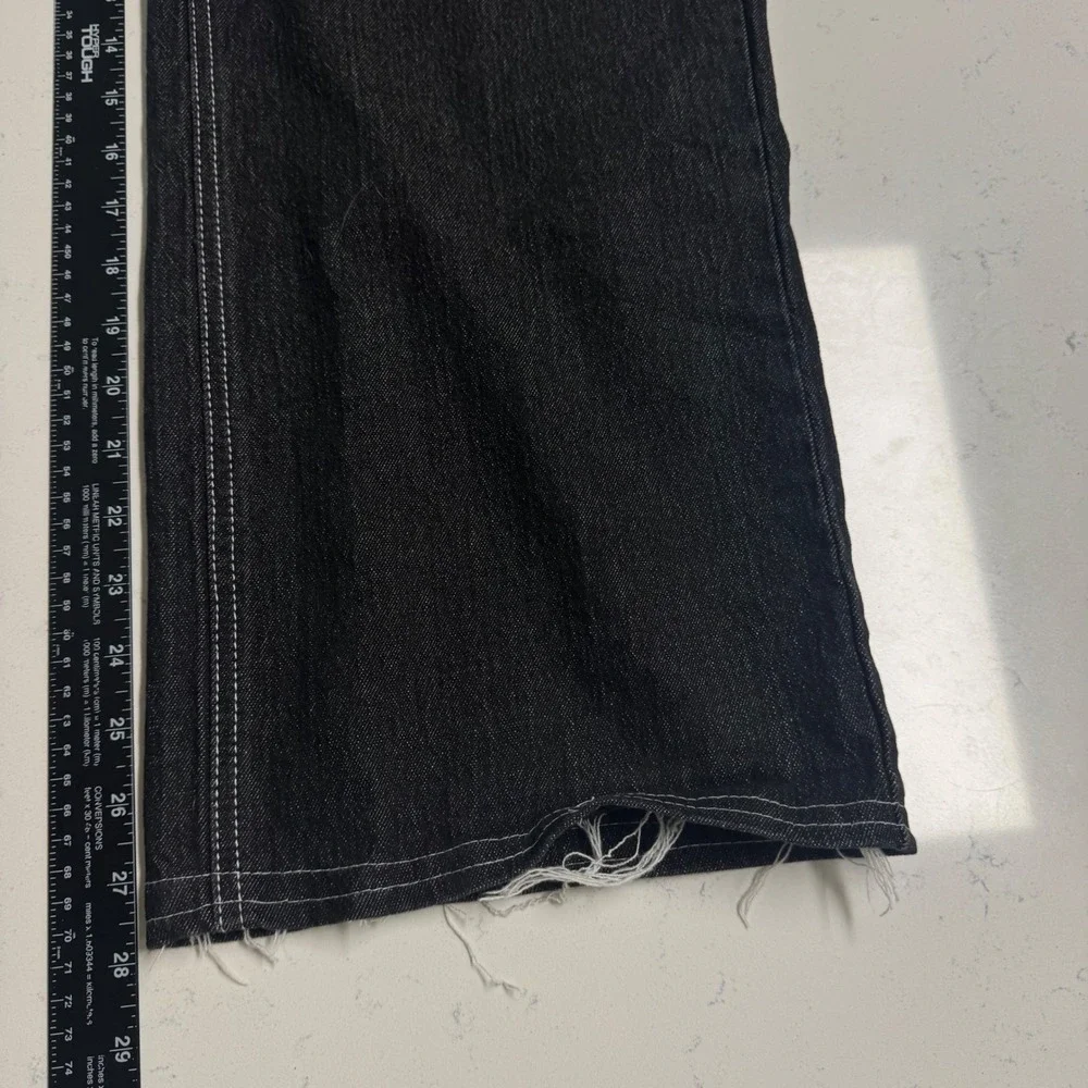 Disclosure Jeans Women 7/28 Black Wide Leg Y2K Cross Embroidered Raw Hem